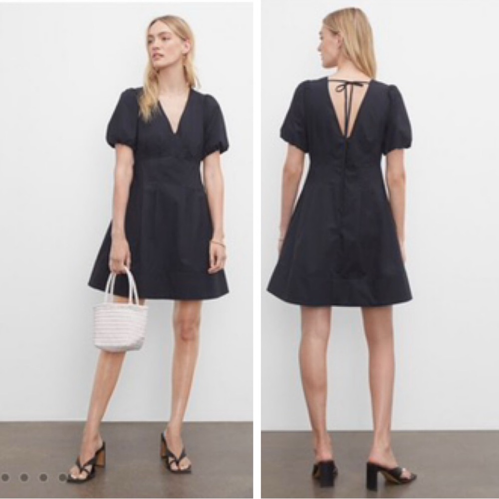 Club Monaco NEW Babydoll Tie Back Dress Cotton Pockets V Neck Puff Sleeves Flare